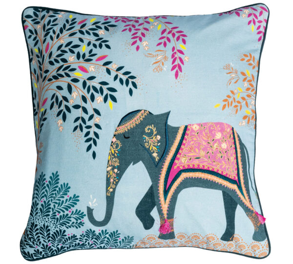 Sara Miller Embroidered Elephants Oasis Sky Blue Cushion